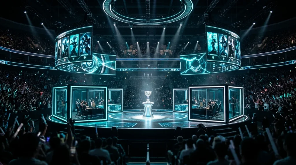 League of Legends Worlds 2026 Quarterfinals knockout bracket stage with silver trophy pedestal and draft telemetry screens
